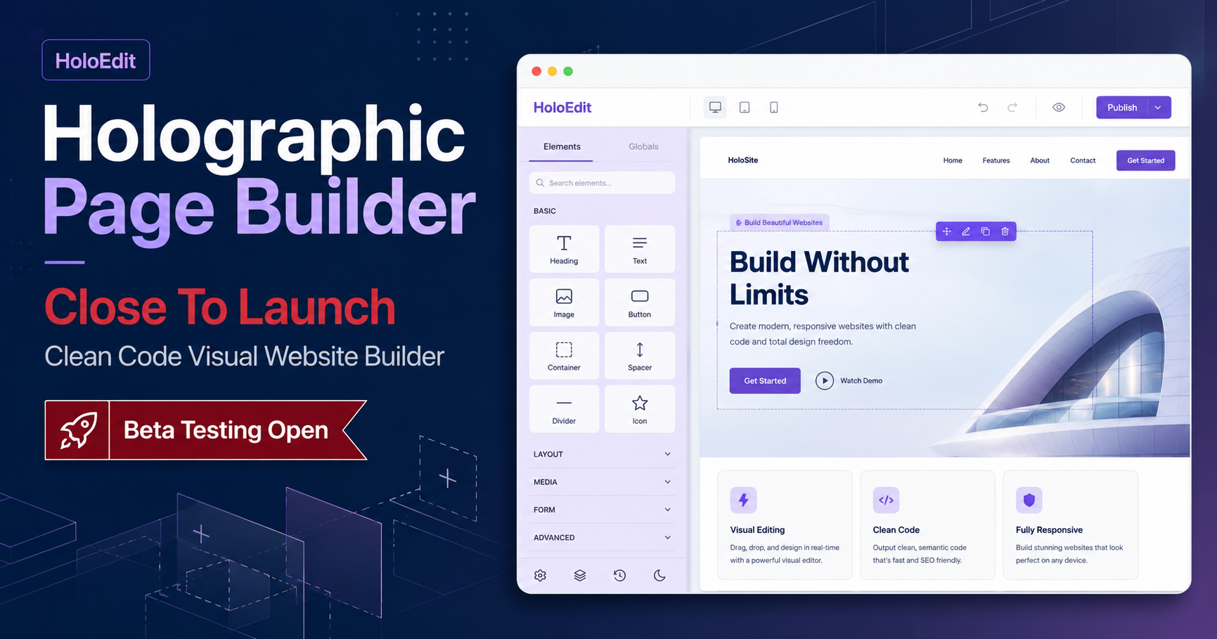 Featured image announcing that Holographic Page Builder is close to launch, with HoloEdit beta testing open